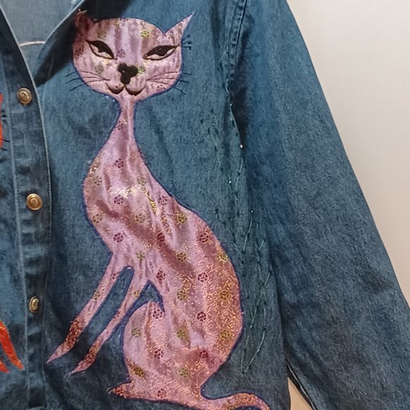 COPY - Tantrums,  womens cat embroidered denim large button up jacket. - Picture 10 of 11